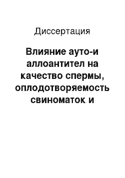 Диссертация: Влияние ауто-и аллоантител на качество спермы, оплодотворяемость свиноматок и сохранность новорожденных поросят