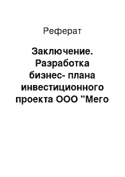 Реферат: Заключение. Разработка бизнес-плана инвестиционного проекта ООО "Мего Ас"